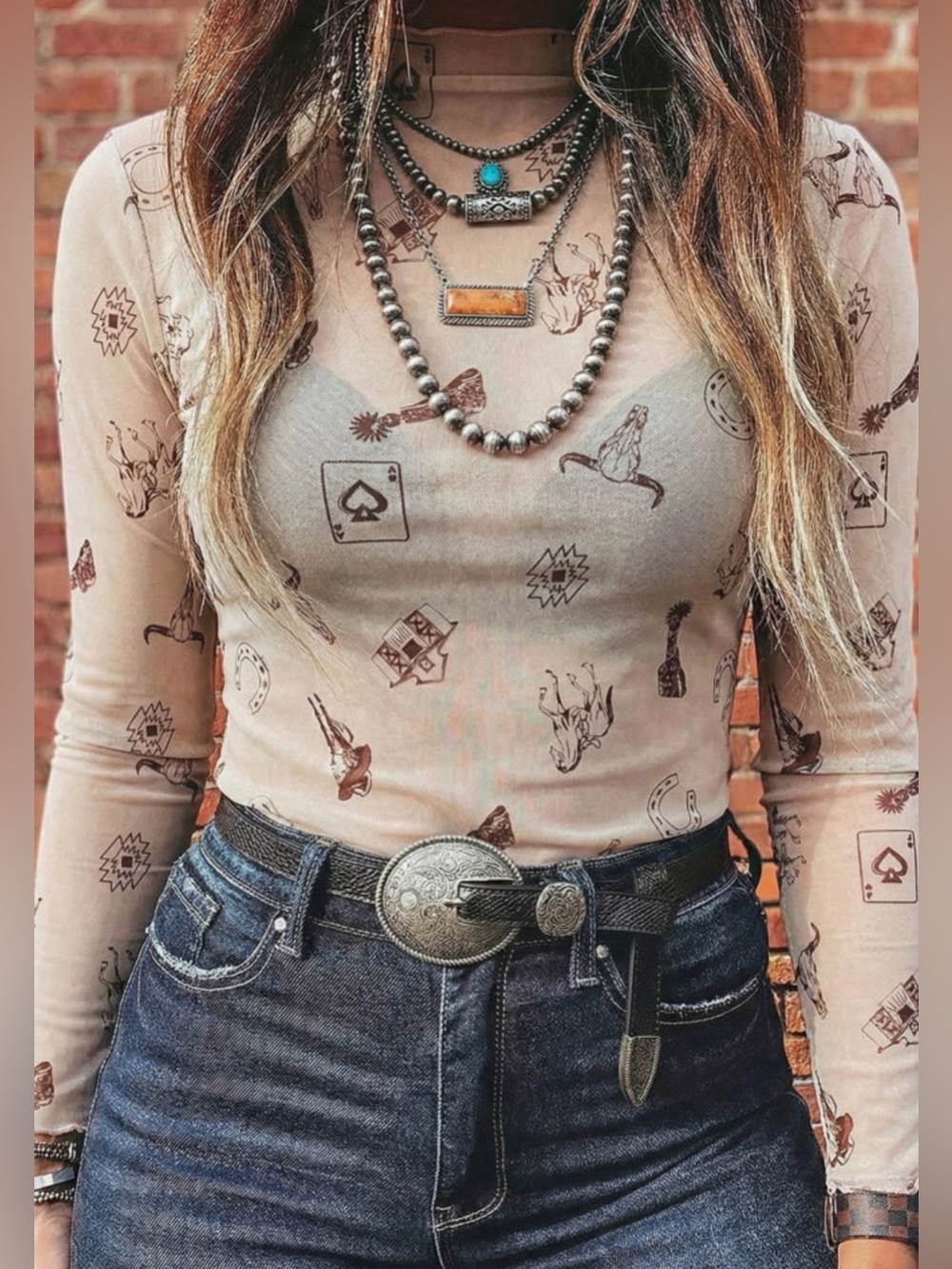 Women's Beige Western Graphic Mesh top